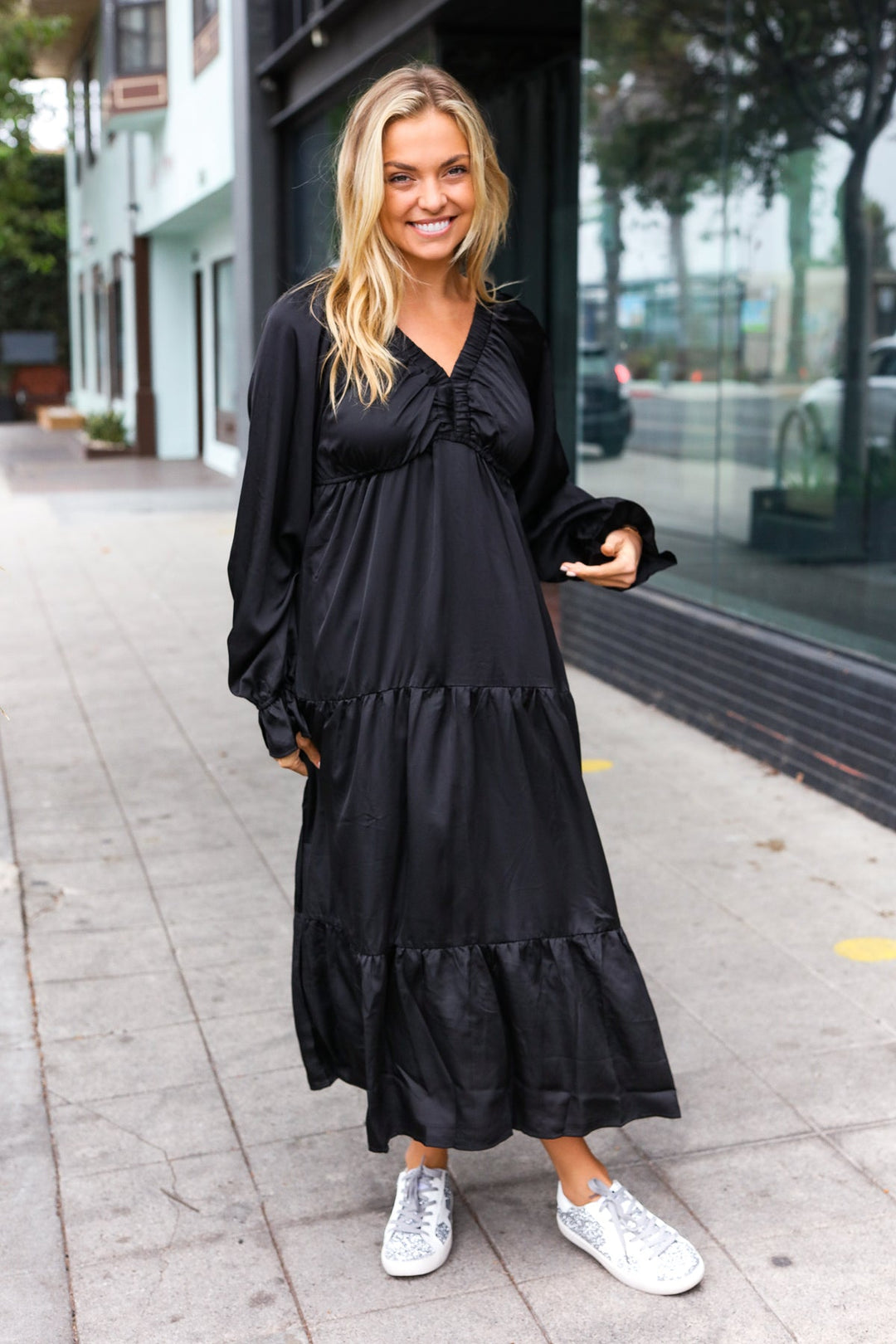 Elegant Black Elastic V Neck Tiered Satin Maxi Dress-Haptics-[option4]-[option5]-[option6]-[option7]-[option8]-Shop-Boutique-Clothing-for-Women-Online