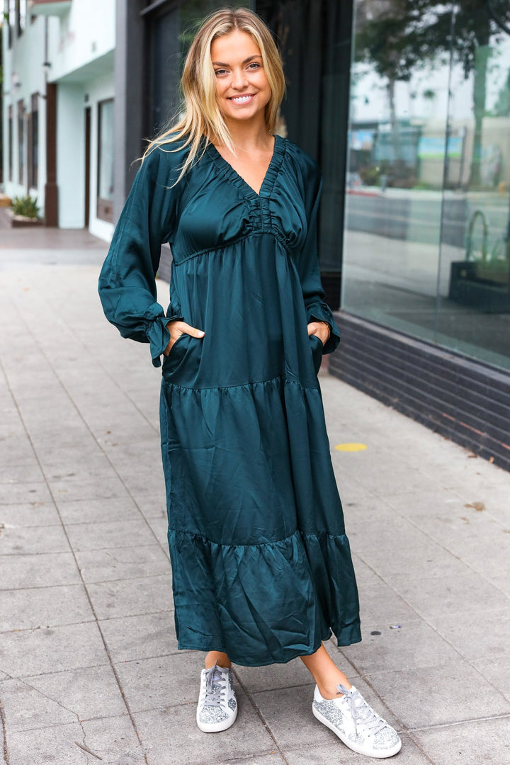 Elegant Hunter Green Elastic V Neck Tiered Satin Maxi Dress-Haptics-[option4]-[option5]-[option6]-[option7]-[option8]-Shop-Boutique-Clothing-for-Women-Online