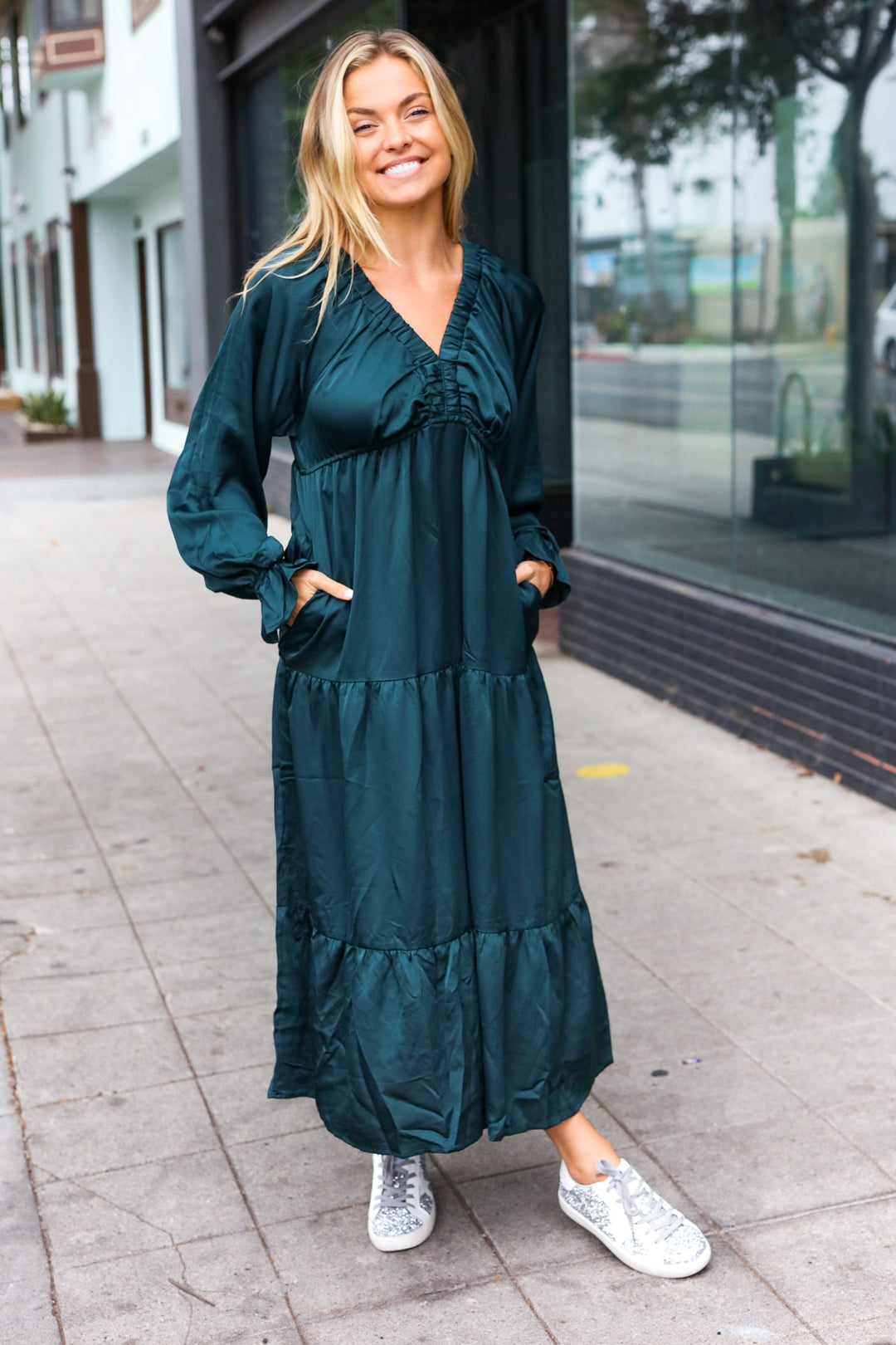 Elegant Hunter Green Elastic V Neck Tiered Satin Maxi Dress-Haptics-[option4]-[option5]-[option6]-[option7]-[option8]-Shop-Boutique-Clothing-for-Women-Online