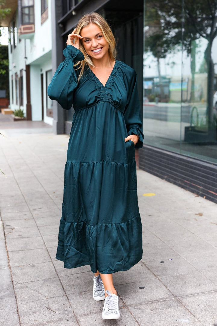 Elegant Hunter Green Elastic V Neck Tiered Satin Maxi Dress-Haptics-[option4]-[option5]-[option6]-[option7]-[option8]-Shop-Boutique-Clothing-for-Women-Online