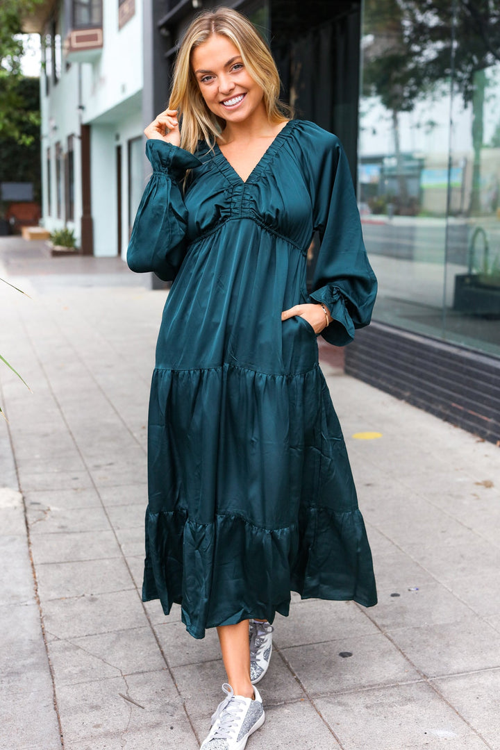 Elegant Hunter Green Elastic V Neck Tiered Satin Maxi Dress-Haptics-[option4]-[option5]-[option6]-[option7]-[option8]-Shop-Boutique-Clothing-for-Women-Online