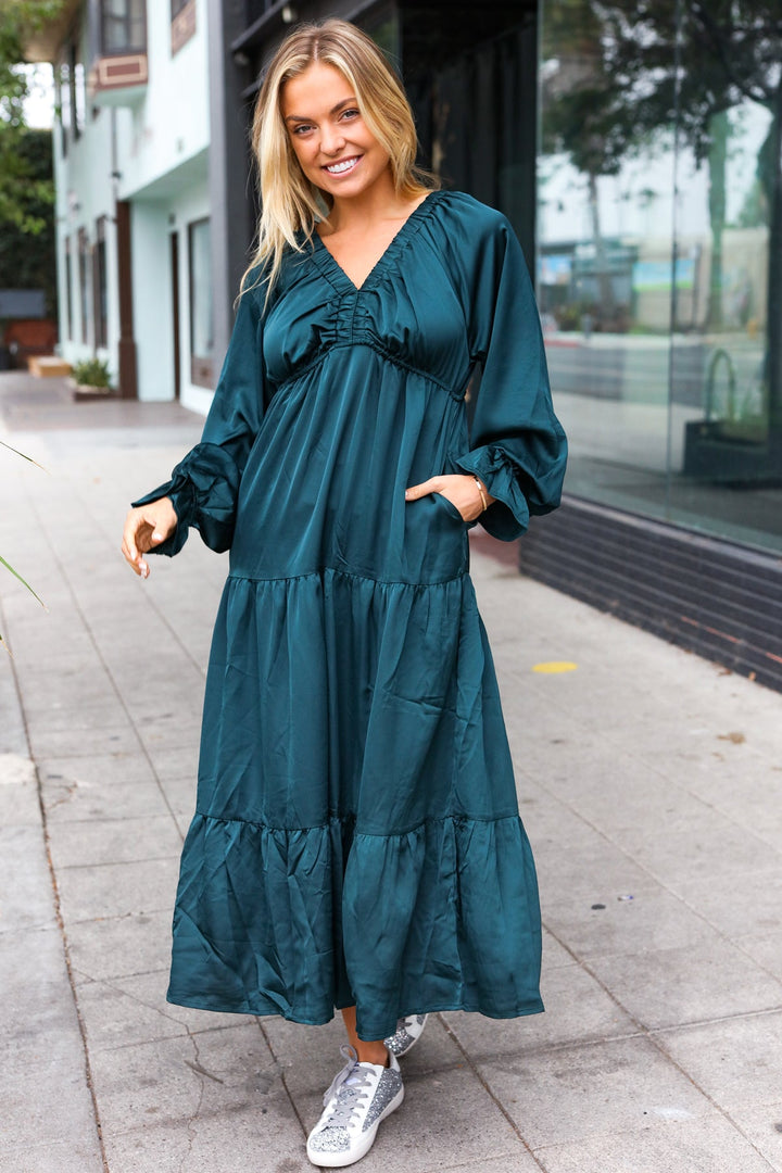 Elegant Hunter Green Elastic V Neck Tiered Satin Maxi Dress-Haptics-[option4]-[option5]-[option6]-[option7]-[option8]-Shop-Boutique-Clothing-for-Women-Online