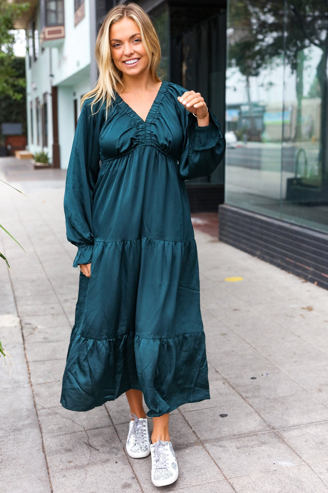 Elegant Hunter Green Elastic V Neck Tiered Satin Maxi Dress-Haptics-[option4]-[option5]-[option6]-[option7]-[option8]-Shop-Boutique-Clothing-for-Women-Online