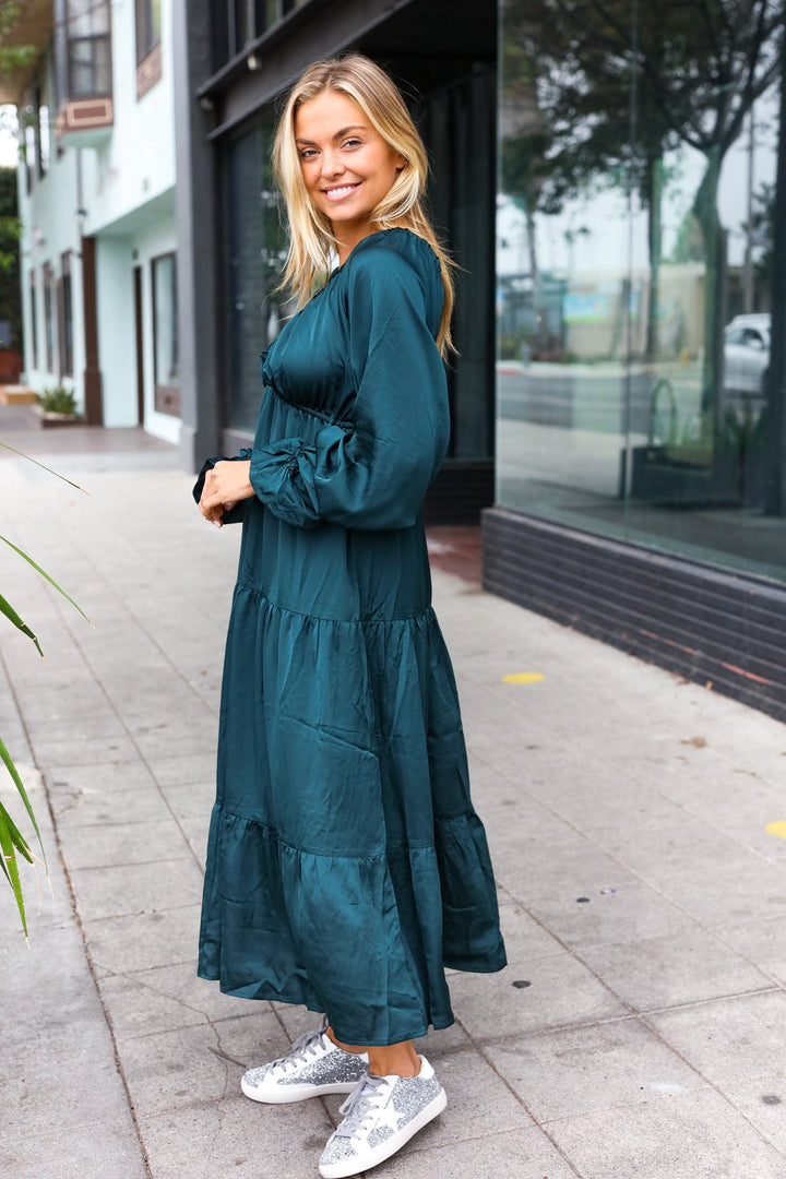 Elegant Hunter Green Elastic V Neck Tiered Satin Maxi Dress-Haptics-[option4]-[option5]-[option6]-[option7]-[option8]-Shop-Boutique-Clothing-for-Women-Online