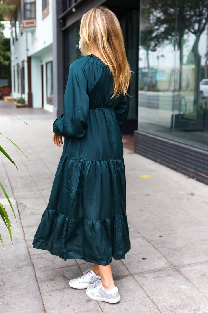 Elegant Hunter Green Elastic V Neck Tiered Satin Maxi Dress-Haptics-[option4]-[option5]-[option6]-[option7]-[option8]-Shop-Boutique-Clothing-for-Women-Online