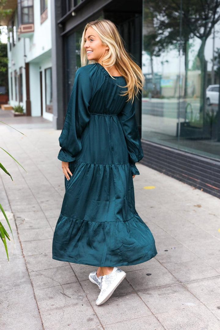 Elegant Hunter Green Elastic V Neck Tiered Satin Maxi Dress-Haptics-[option4]-[option5]-[option6]-[option7]-[option8]-Shop-Boutique-Clothing-for-Women-Online