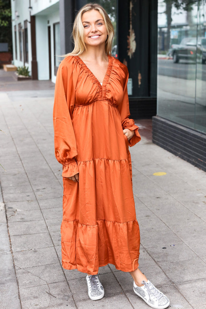 Elegant Rust Elastic V Neck Tiered Satin Maxi Dress-Haptics-[option4]-[option5]-[option6]-[option7]-[option8]-Shop-Boutique-Clothing-for-Women-Online