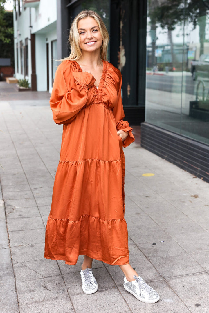 Elegant Rust Elastic V Neck Tiered Satin Maxi Dress-Haptics-[option4]-[option5]-[option6]-[option7]-[option8]-Shop-Boutique-Clothing-for-Women-Online