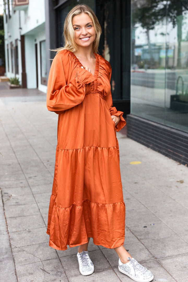 Elegant Rust Elastic V Neck Tiered Satin Maxi Dress-Haptics-[option4]-[option5]-[option6]-[option7]-[option8]-Shop-Boutique-Clothing-for-Women-Online