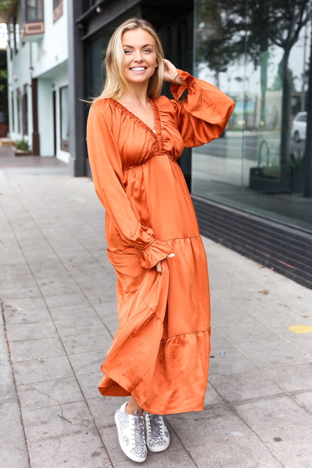 Elegant Rust Elastic V Neck Tiered Satin Maxi Dress-Haptics-[option4]-[option5]-[option6]-[option7]-[option8]-Shop-Boutique-Clothing-for-Women-Online