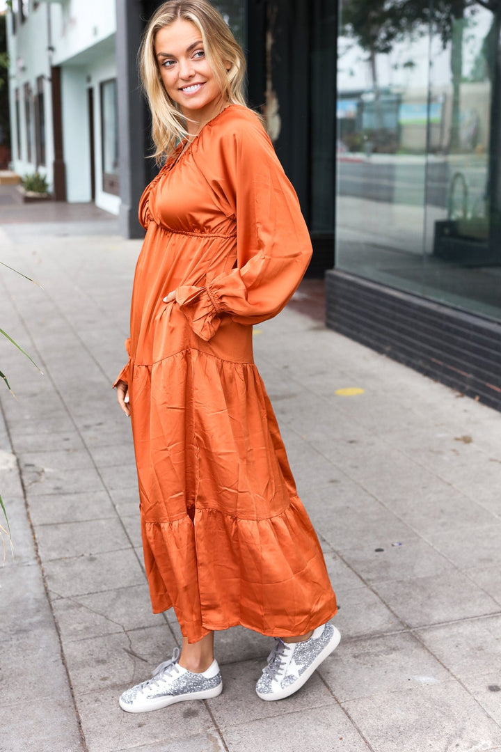 Elegant Rust Elastic V Neck Tiered Satin Maxi Dress-Haptics-[option4]-[option5]-[option6]-[option7]-[option8]-Shop-Boutique-Clothing-for-Women-Online