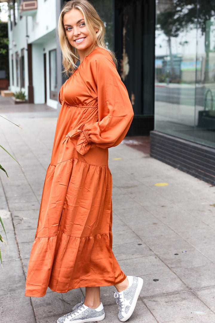 Elegant Rust Elastic V Neck Tiered Satin Maxi Dress-Haptics-[option4]-[option5]-[option6]-[option7]-[option8]-Shop-Boutique-Clothing-for-Women-Online