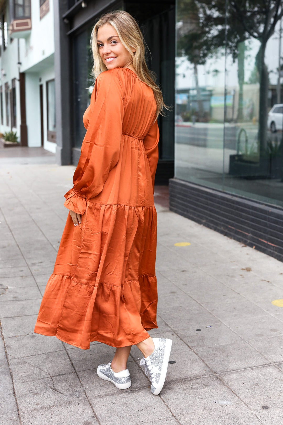 Elegant Rust Elastic V Neck Tiered Satin Maxi Dress-Haptics-[option4]-[option5]-[option6]-[option7]-[option8]-Shop-Boutique-Clothing-for-Women-Online