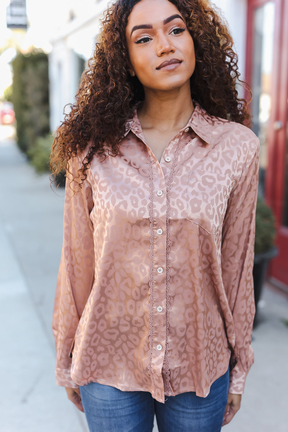 Diva Dreams Nude Animal Print Button Down Lace Shirt Top-Hem & Thread-[option4]-[option5]-[option6]-[option7]-[option8]-Shop-Boutique-Clothing-for-Women-Online