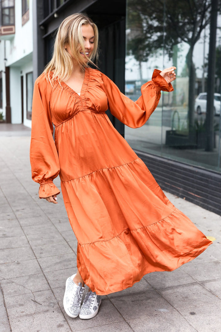 Elegant Rust Elastic V Neck Tiered Satin Maxi Dress-Haptics-[option4]-[option5]-[option6]-[option7]-[option8]-Shop-Boutique-Clothing-for-Women-Online