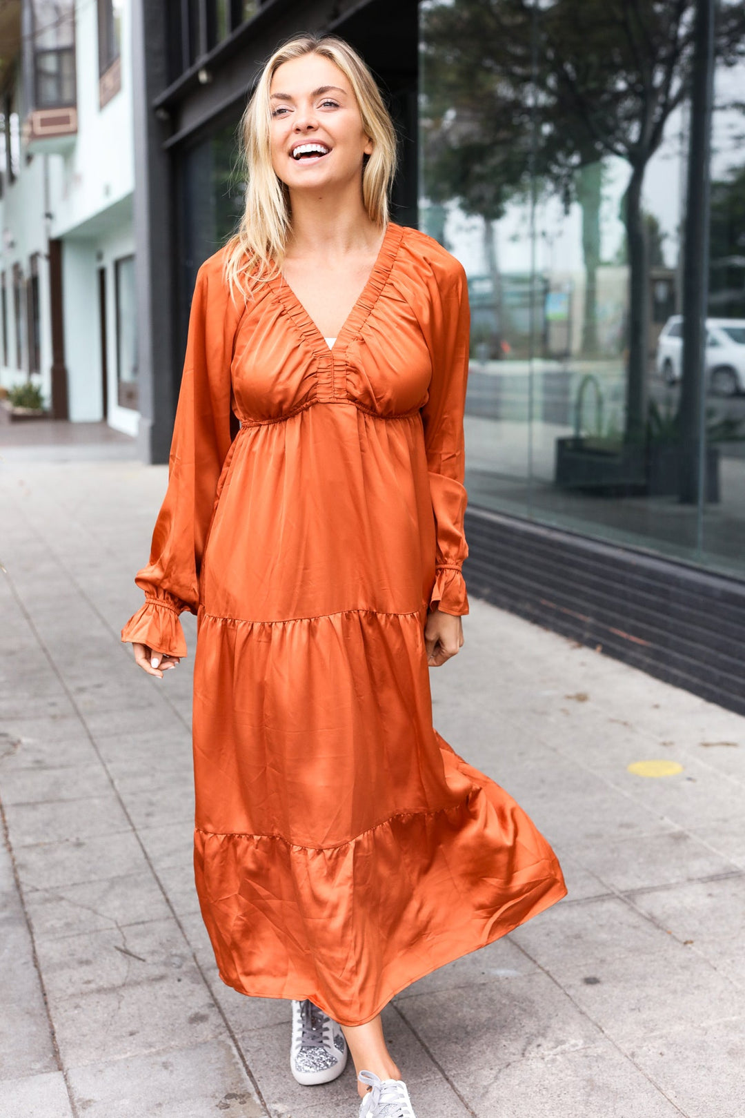 Elegant Rust Elastic V Neck Tiered Satin Maxi Dress-Haptics-[option4]-[option5]-[option6]-[option7]-[option8]-Shop-Boutique-Clothing-for-Women-Online