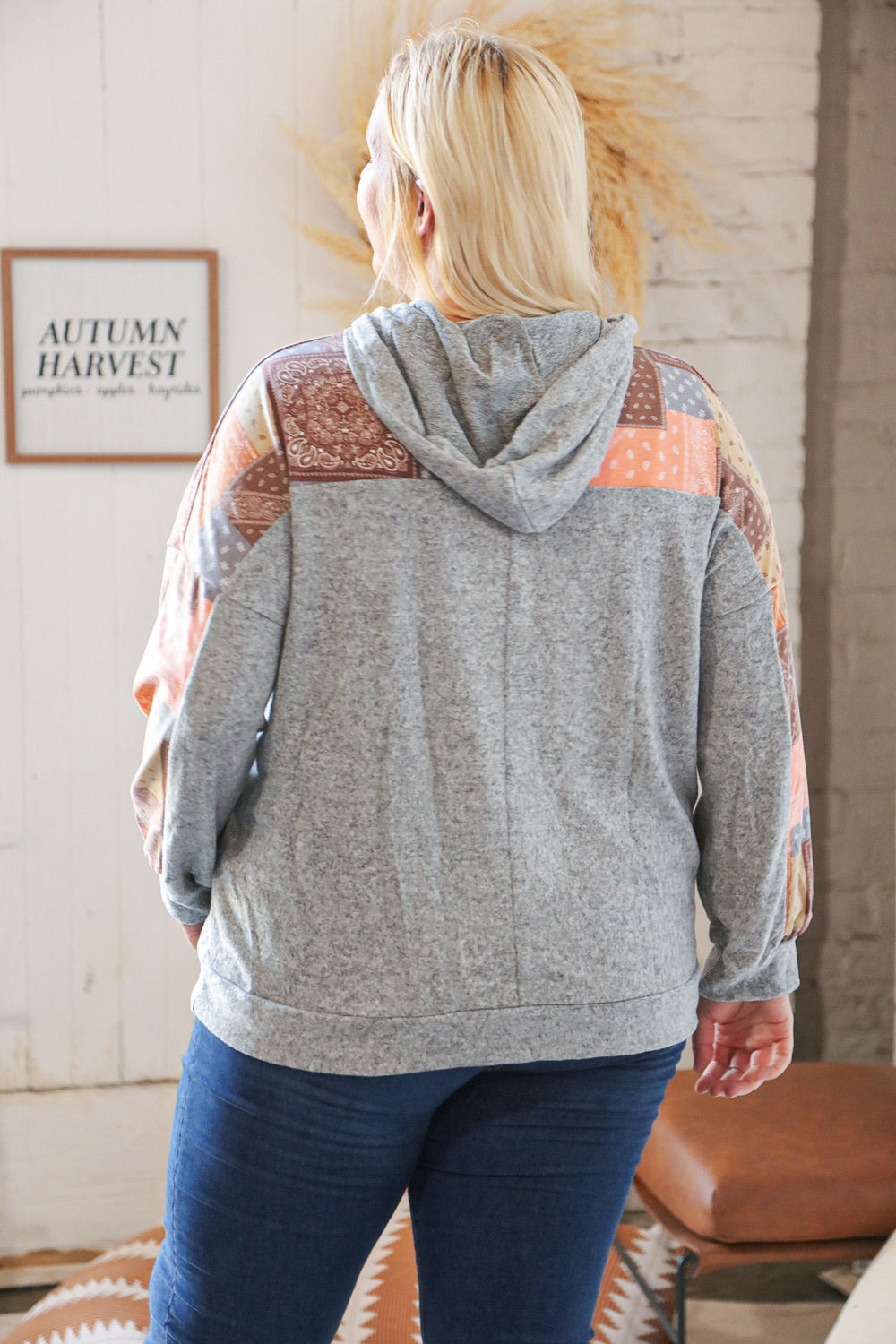 Haptics Beige Patchwork Print Kangaroo Pocket Hoodie Medium