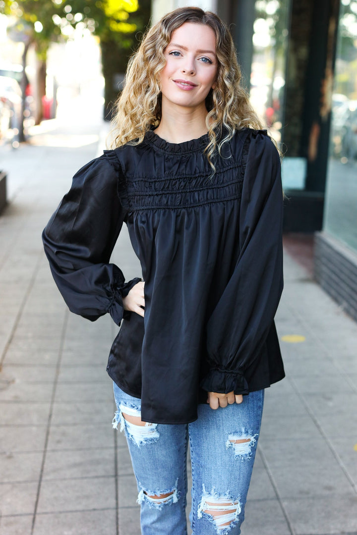 Be Your Best Black Satin Shirred Yoke Frilled Mock Neck Top-Haptics-[option4]-[option5]-[option6]-[option7]-[option8]-Shop-Boutique-Clothing-for-Women-Online