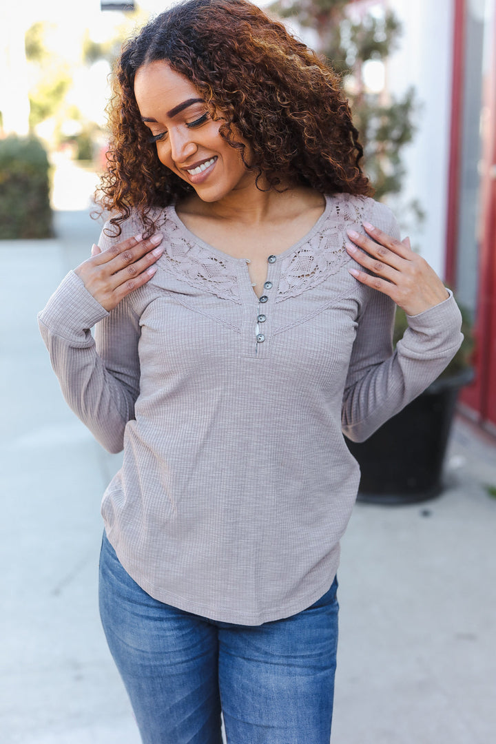 Femme Taupe Cotton Blend Rib Crochet Button Down Pullover-Mystree-[option4]-[option5]-[option6]-[option7]-[option8]-Shop-Boutique-Clothing-for-Women-Online