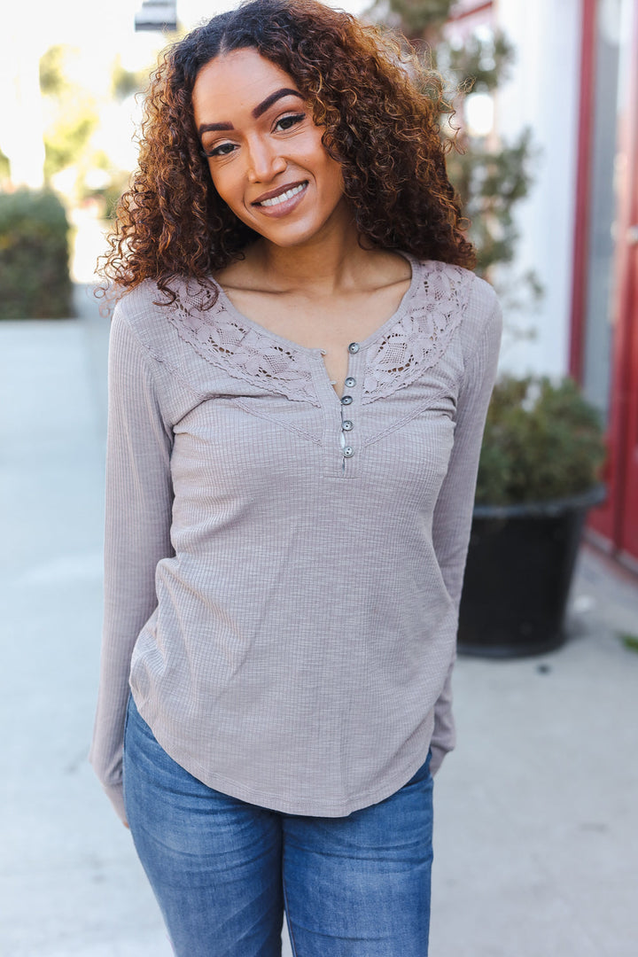 Femme Taupe Cotton Blend Rib Crochet Button Down Pullover-Mystree-[option4]-[option5]-[option6]-[option7]-[option8]-Shop-Boutique-Clothing-for-Women-Online