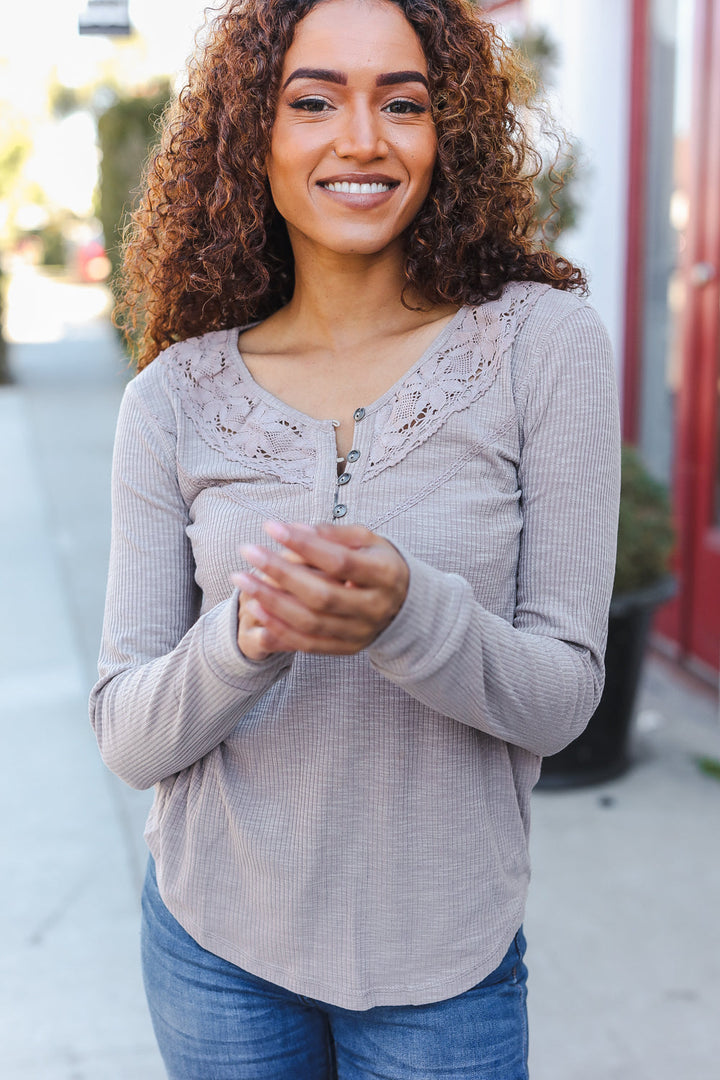 Femme Taupe Cotton Blend Rib Crochet Button Down Pullover-Mystree-[option4]-[option5]-[option6]-[option7]-[option8]-Shop-Boutique-Clothing-for-Women-Online