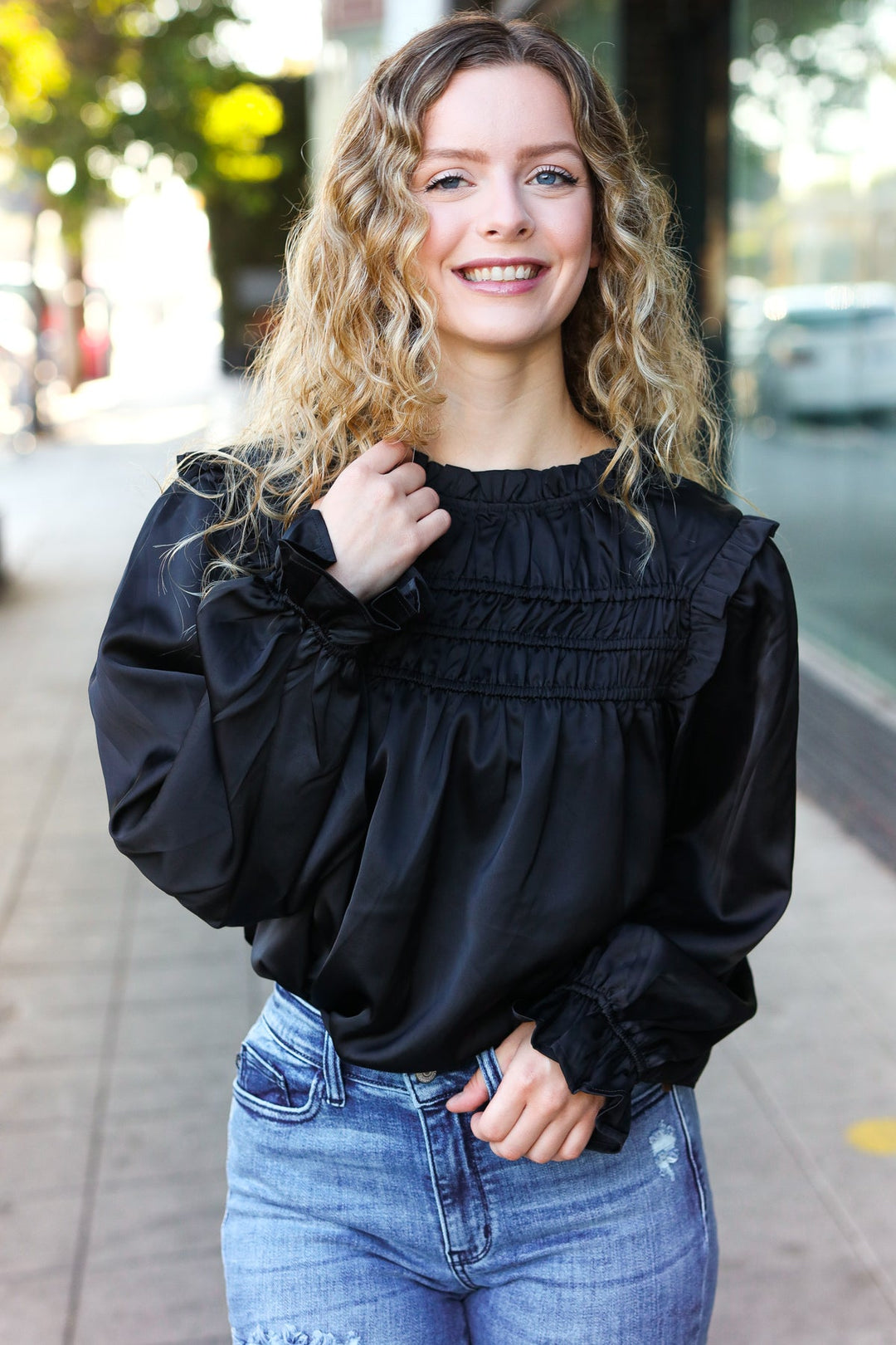 Be Your Best Black Satin Shirred Yoke Frilled Mock Neck Top-Haptics-[option4]-[option5]-[option6]-[option7]-[option8]-Shop-Boutique-Clothing-for-Women-Online