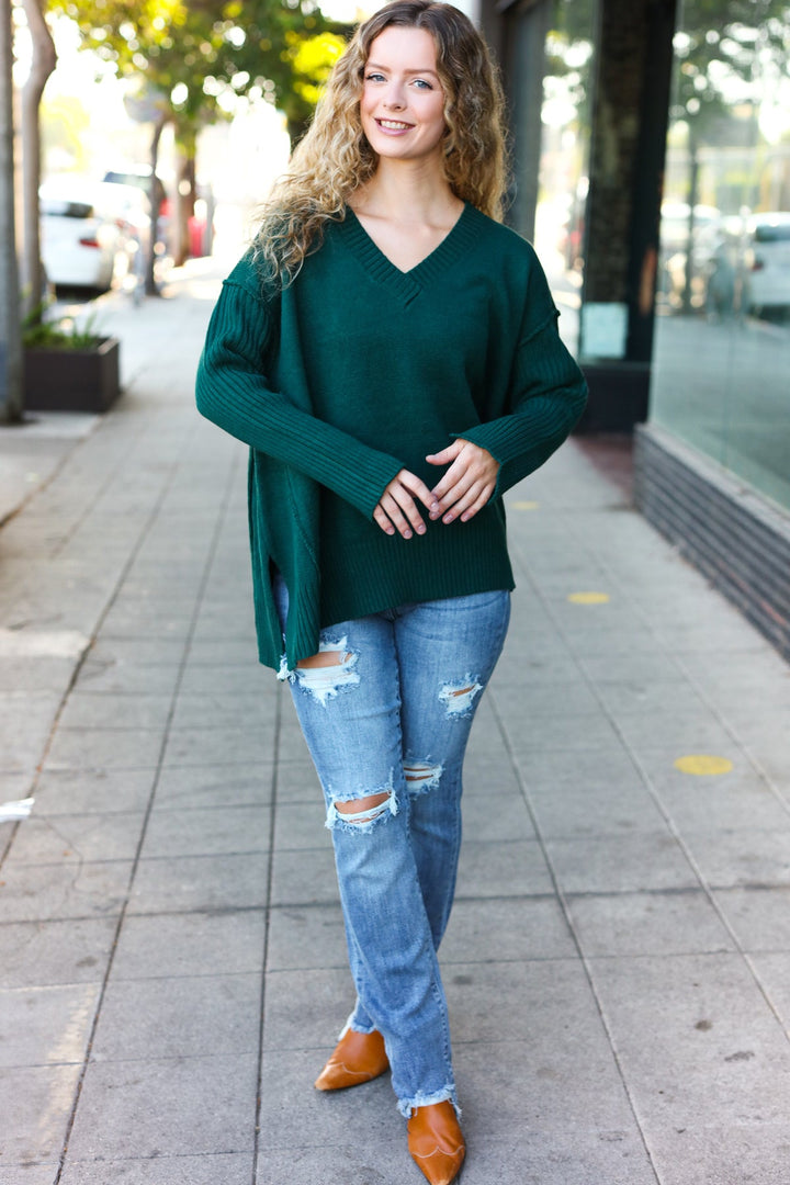 Casual Chic Hunter Green Oversized V Neck Rib Knit Sweater-Haptics-[option4]-[option5]-[option6]-[option7]-[option8]-Shop-Boutique-Clothing-for-Women-Online