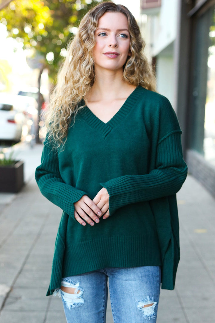 Casual Chic Hunter Green Oversized V Neck Rib Knit Sweater-Haptics-[option4]-[option5]-[option6]-[option7]-[option8]-Shop-Boutique-Clothing-for-Women-Online