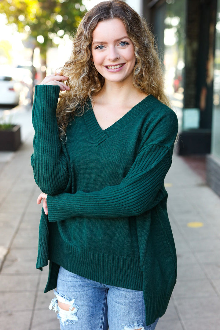 Casual Chic Hunter Green Oversized V Neck Rib Knit Sweater-Haptics-[option4]-[option5]-[option6]-[option7]-[option8]-Shop-Boutique-Clothing-for-Women-Online