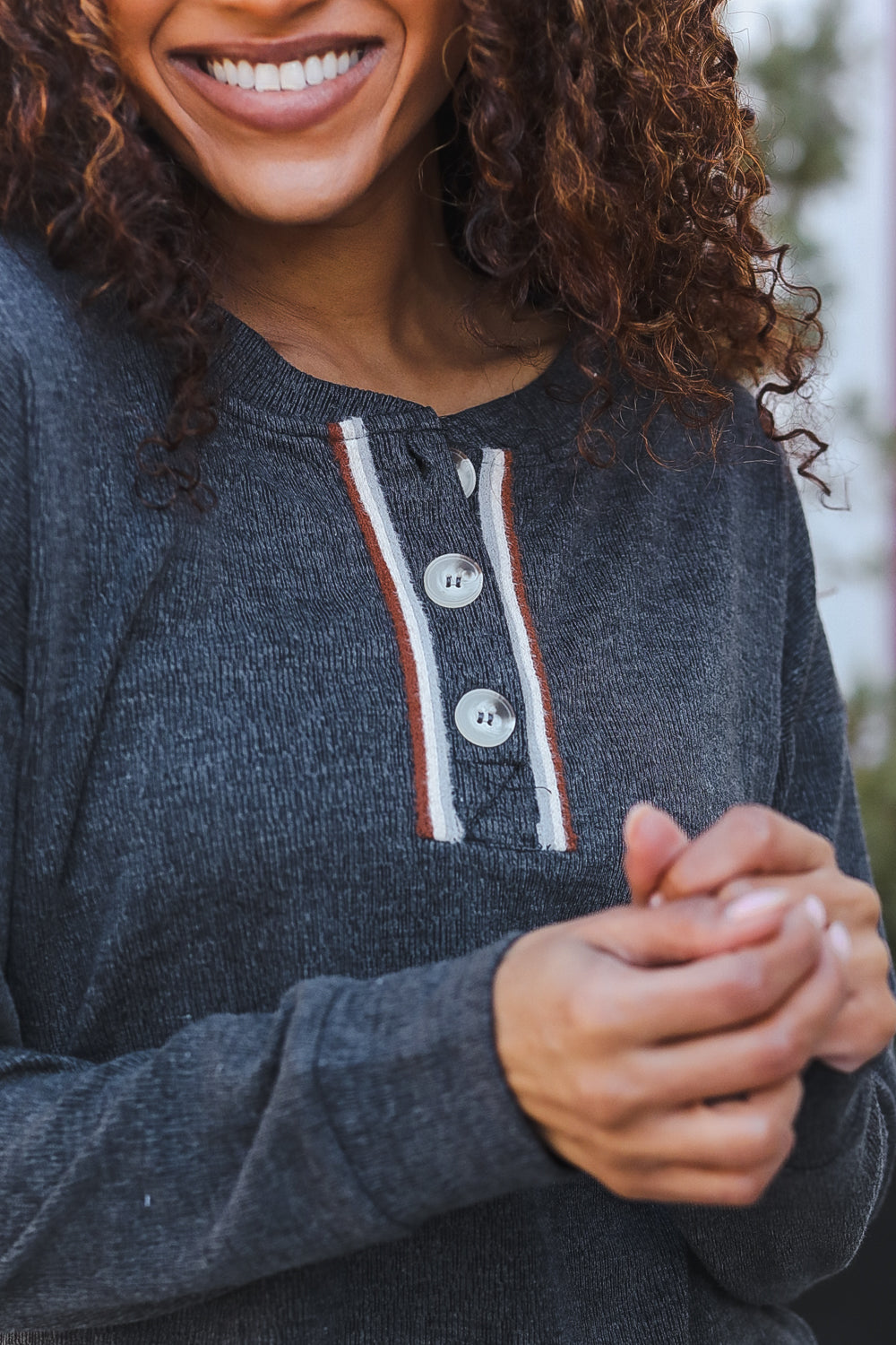 Casual Days Grey Ribbed Knit Button Down Henley Pullover-Hem & Thread-[option4]-[option5]-[option6]-[option7]-[option8]-Shop-Boutique-Clothing-for-Women-Online