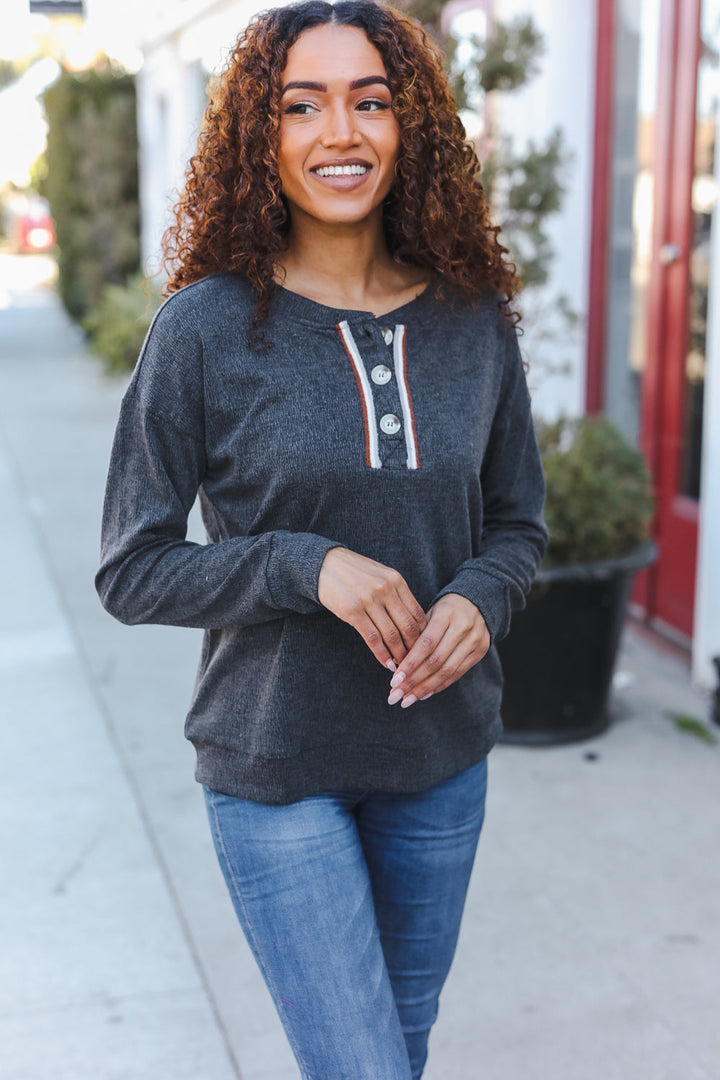 Casual Days Grey Ribbed Knit Button Down Henley Pullover-Hem & Thread-[option4]-[option5]-[option6]-[option7]-[option8]-Shop-Boutique-Clothing-for-Women-Online