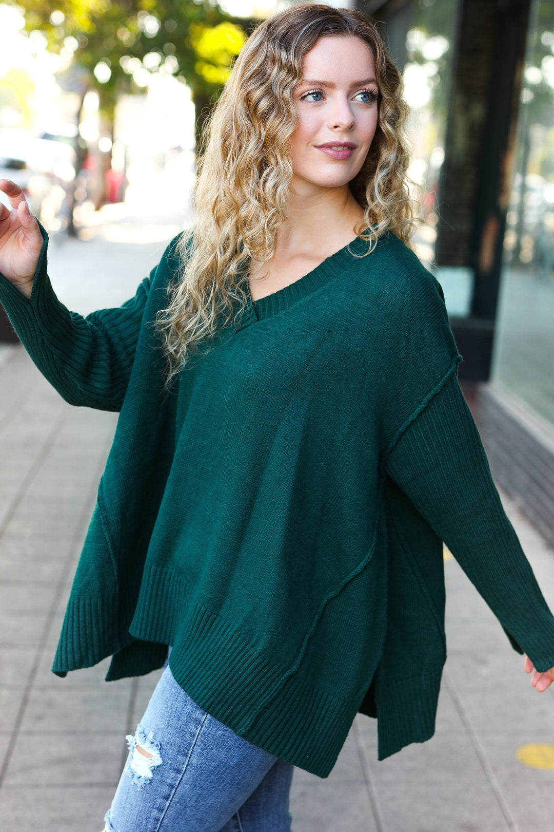 Casual Chic Hunter Green Oversized V Neck Rib Knit Sweater-Haptics-[option4]-[option5]-[option6]-[option7]-[option8]-Shop-Boutique-Clothing-for-Women-Online