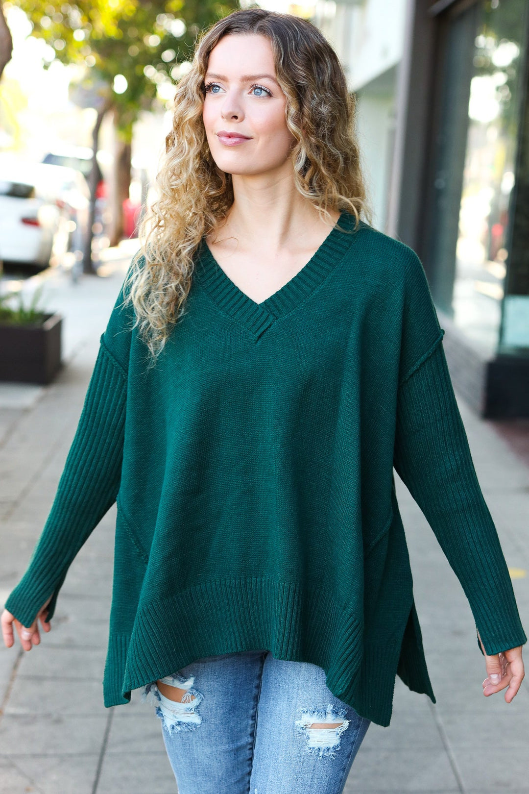 Casual Chic Hunter Green Oversized V Neck Rib Knit Sweater-Haptics-[option4]-[option5]-[option6]-[option7]-[option8]-Shop-Boutique-Clothing-for-Women-Online