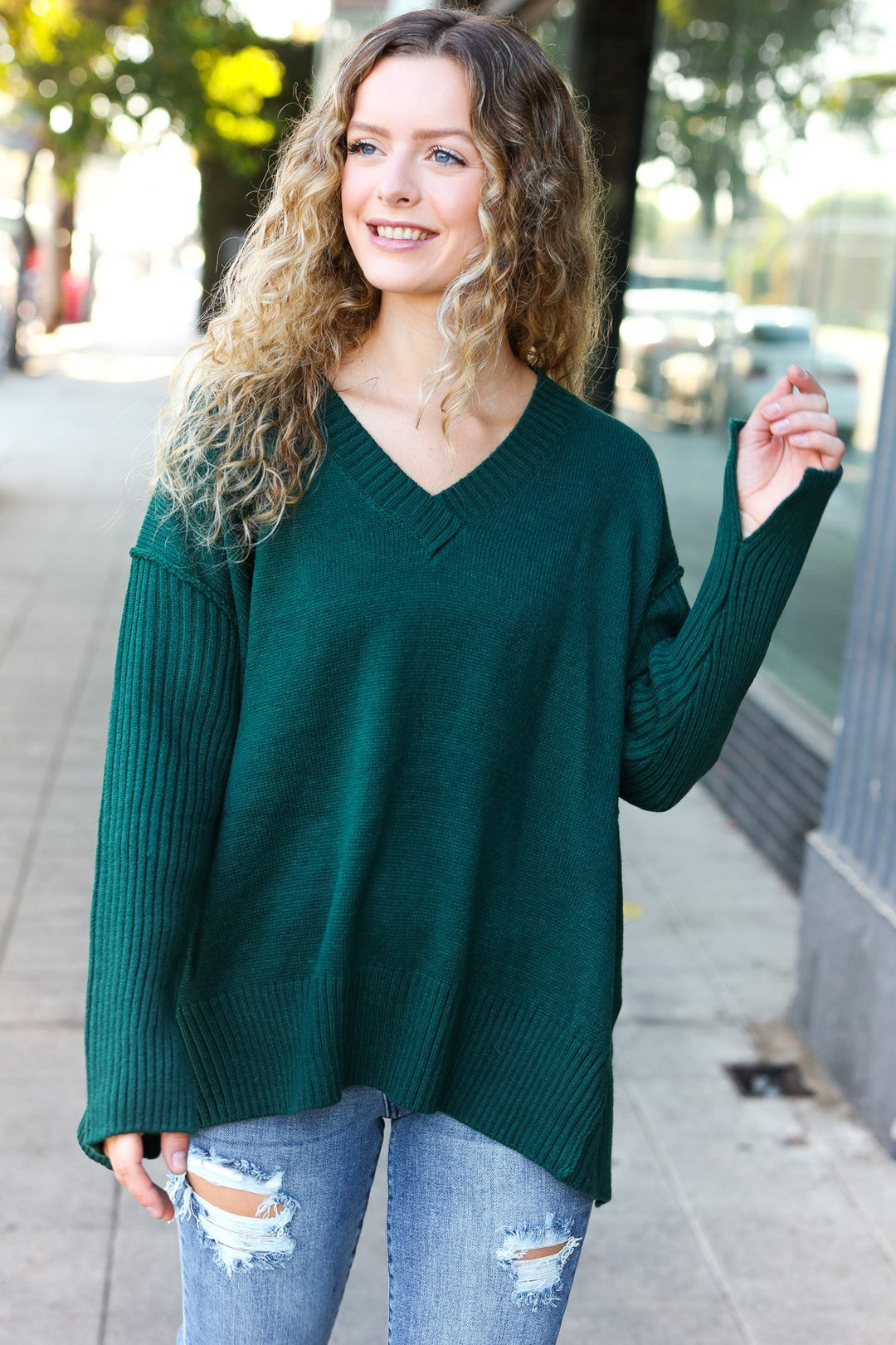 Casual Chic Hunter Green Oversized V Neck Rib Knit Sweater-Haptics-[option4]-[option5]-[option6]-[option7]-[option8]-Shop-Boutique-Clothing-for-Women-Online