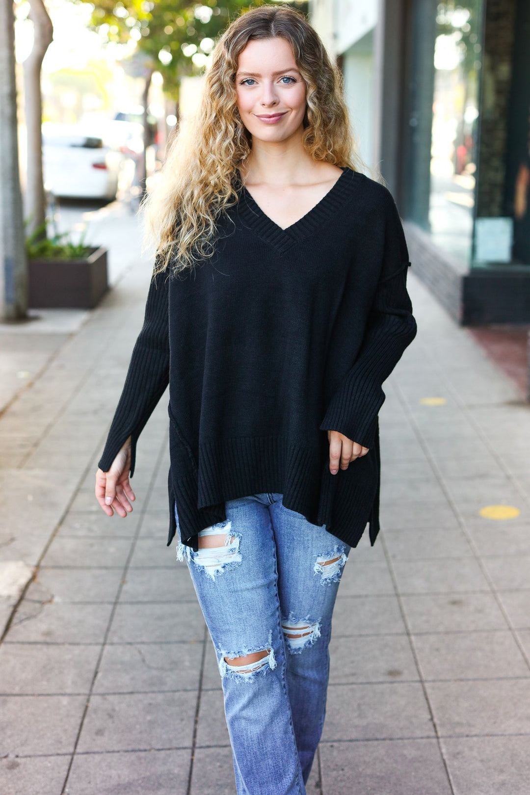 Casual Chic Black Oversized V Neck Rib Knit Sweater-Haptics-[option4]-[option5]-[option6]-[option7]-[option8]-Shop-Boutique-Clothing-for-Women-Online