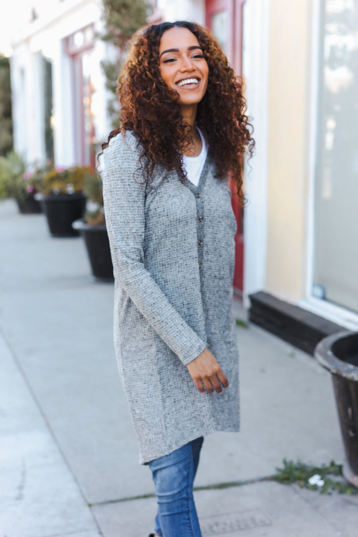 Spread Joy Grey Brushed Knit Crochet Button Down Duster Cardigan-Mystree-[option4]-[option5]-[option6]-[option7]-[option8]-Shop-Boutique-Clothing-for-Women-Online