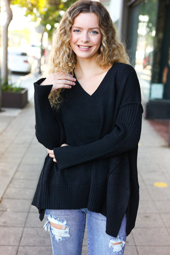 Casual Chic Black Oversized V Neck Rib Knit Sweater-Haptics-[option4]-[option5]-[option6]-[option7]-[option8]-Shop-Boutique-Clothing-for-Women-Online