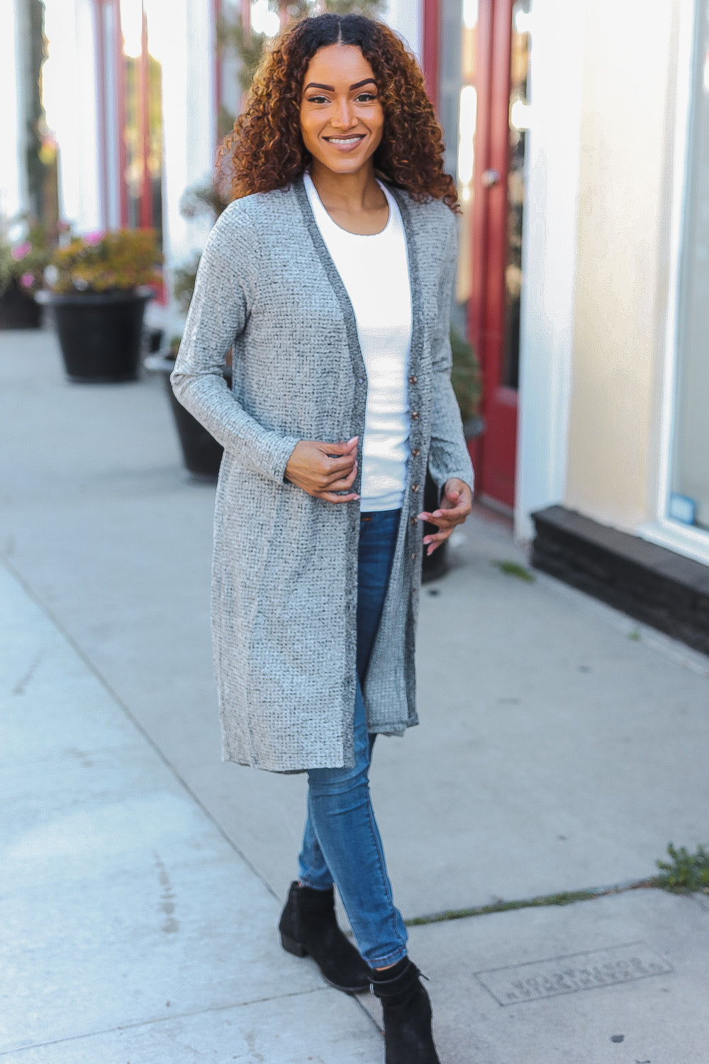 Spread Joy Grey Brushed Knit Crochet Button Down Duster Cardigan-Mystree-[option4]-[option5]-[option6]-[option7]-[option8]-Shop-Boutique-Clothing-for-Women-Online