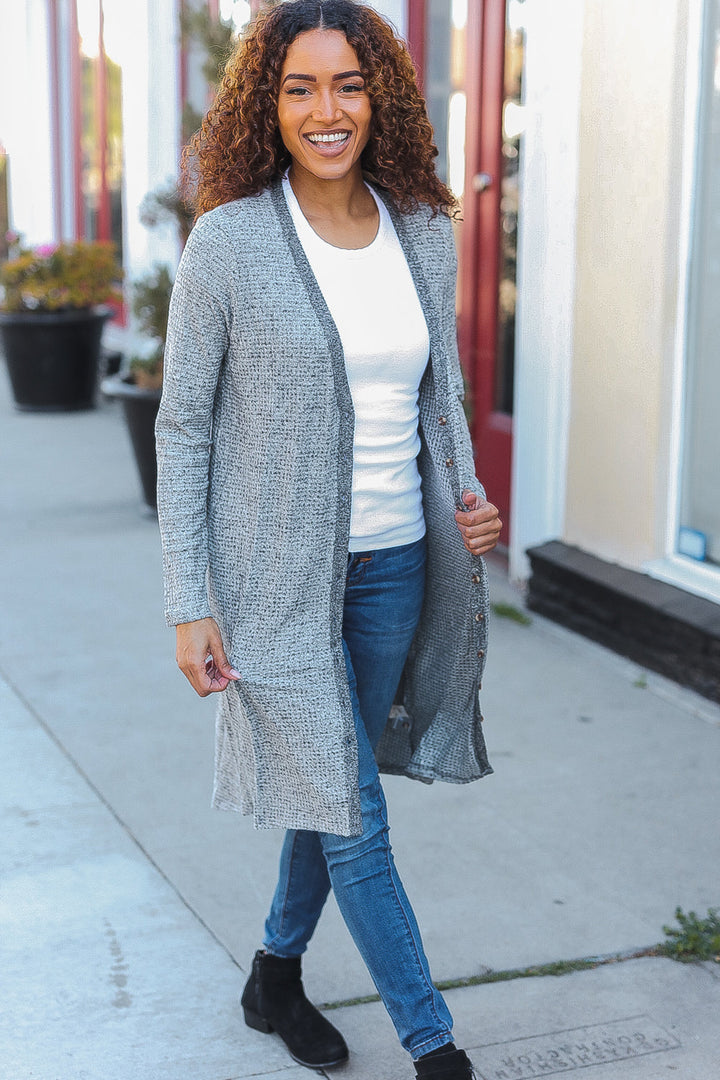 Spread Joy Grey Brushed Knit Crochet Button Down Duster Cardigan-Mystree-[option4]-[option5]-[option6]-[option7]-[option8]-Shop-Boutique-Clothing-for-Women-Online