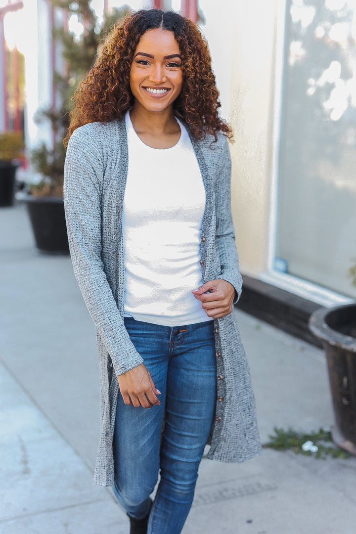 Spread Joy Grey Brushed Knit Crochet Button Down Duster Cardigan-Mystree-[option4]-[option5]-[option6]-[option7]-[option8]-Shop-Boutique-Clothing-for-Women-Online