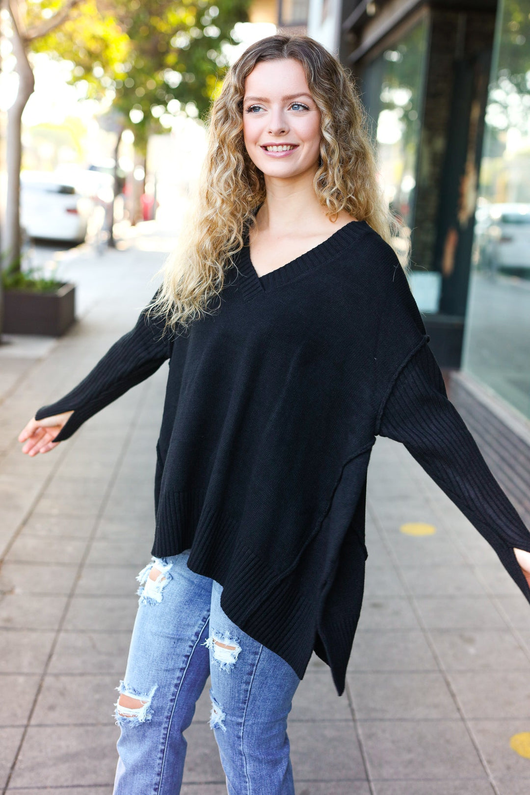 Casual Chic Black Oversized V Neck Rib Knit Sweater-Haptics-[option4]-[option5]-[option6]-[option7]-[option8]-Shop-Boutique-Clothing-for-Women-Online