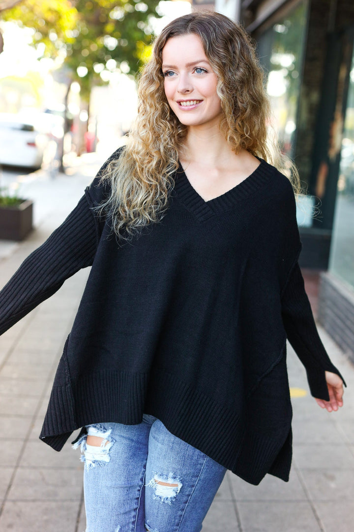 Casual Chic Black Oversized V Neck Rib Knit Sweater-Haptics-[option4]-[option5]-[option6]-[option7]-[option8]-Shop-Boutique-Clothing-for-Women-Online