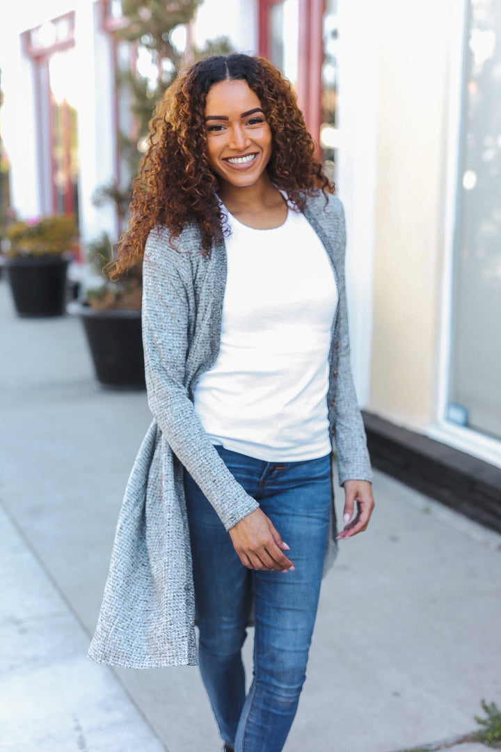 Spread Joy Grey Brushed Knit Crochet Button Down Duster Cardigan-Mystree-[option4]-[option5]-[option6]-[option7]-[option8]-Shop-Boutique-Clothing-for-Women-Online