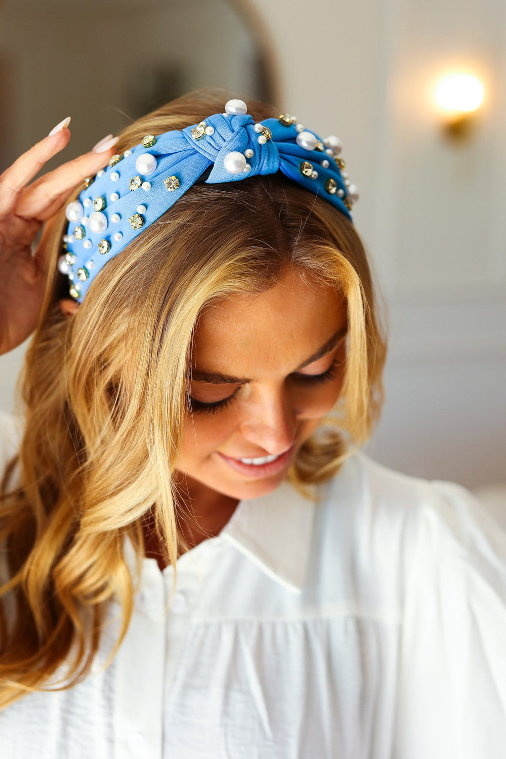 Azure Blue Pearl & Jewels Top Knot Knit Headband-Jane Claire-One Size Fits All-[option4]-[option5]-[option6]-[option7]-[option8]-Shop-Boutique-Clothing-for-Women-Online