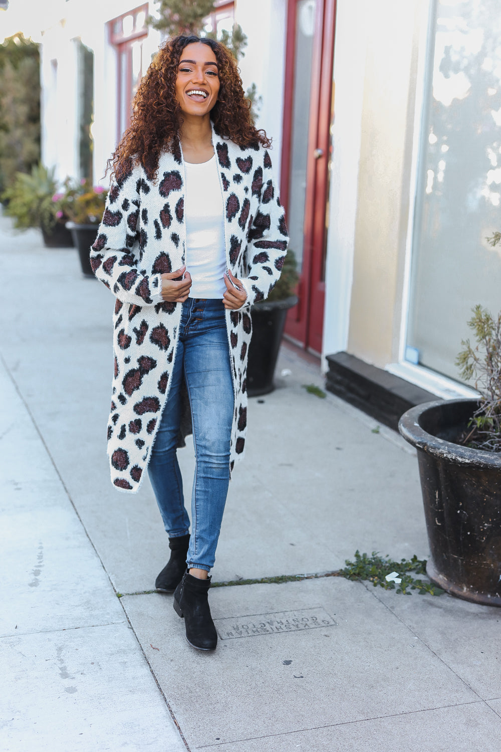 Boldly You Cream Furry Knit Animal Print Open Duster Cardigan