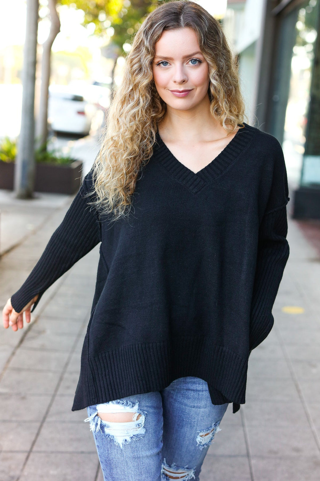 Casual Chic Black Oversized V Neck Rib Knit Sweater-Haptics-[option4]-[option5]-[option6]-[option7]-[option8]-Shop-Boutique-Clothing-for-Women-Online