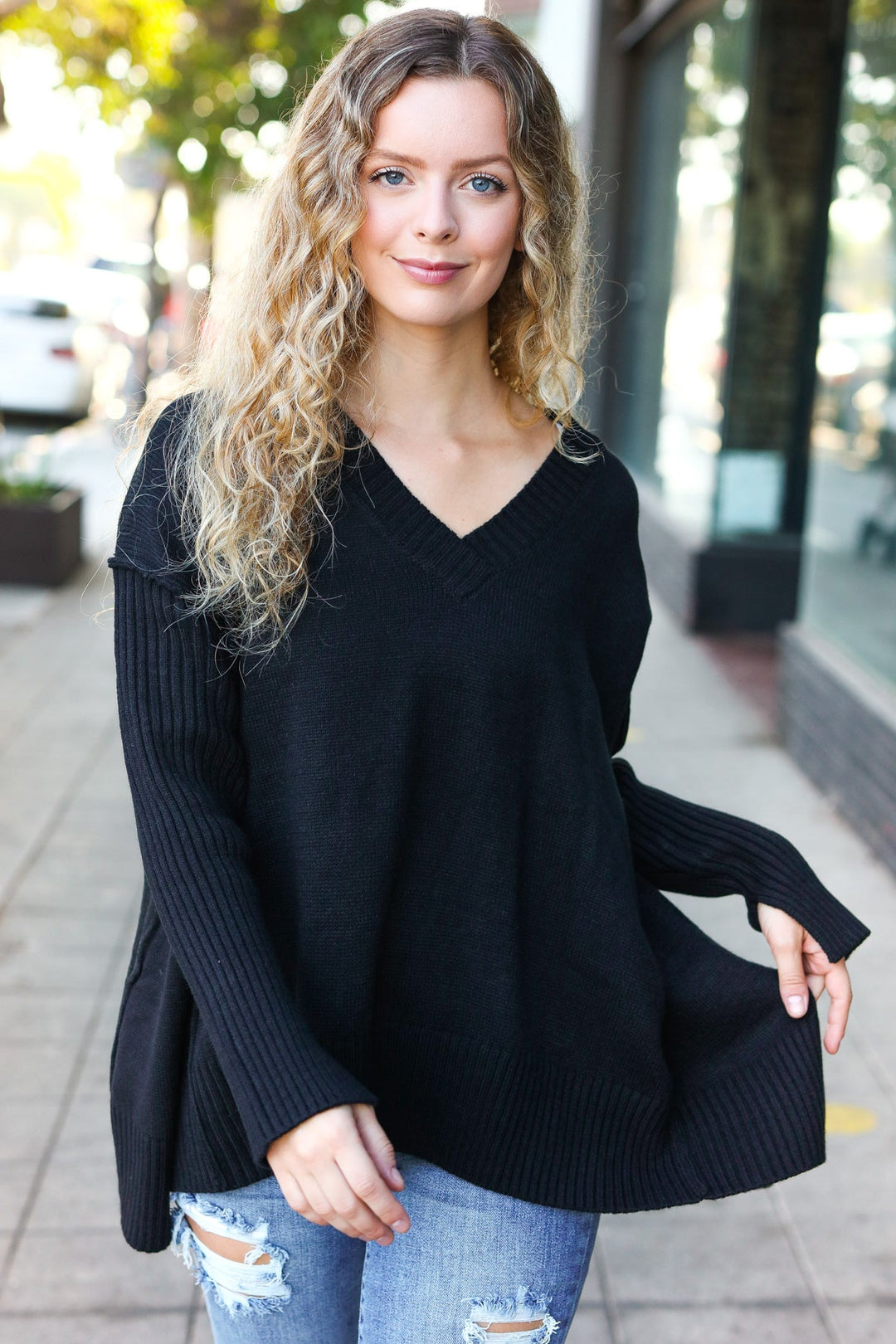 Casual Chic Black Oversized V Neck Rib Knit Sweater-Haptics-[option4]-[option5]-[option6]-[option7]-[option8]-Shop-Boutique-Clothing-for-Women-Online