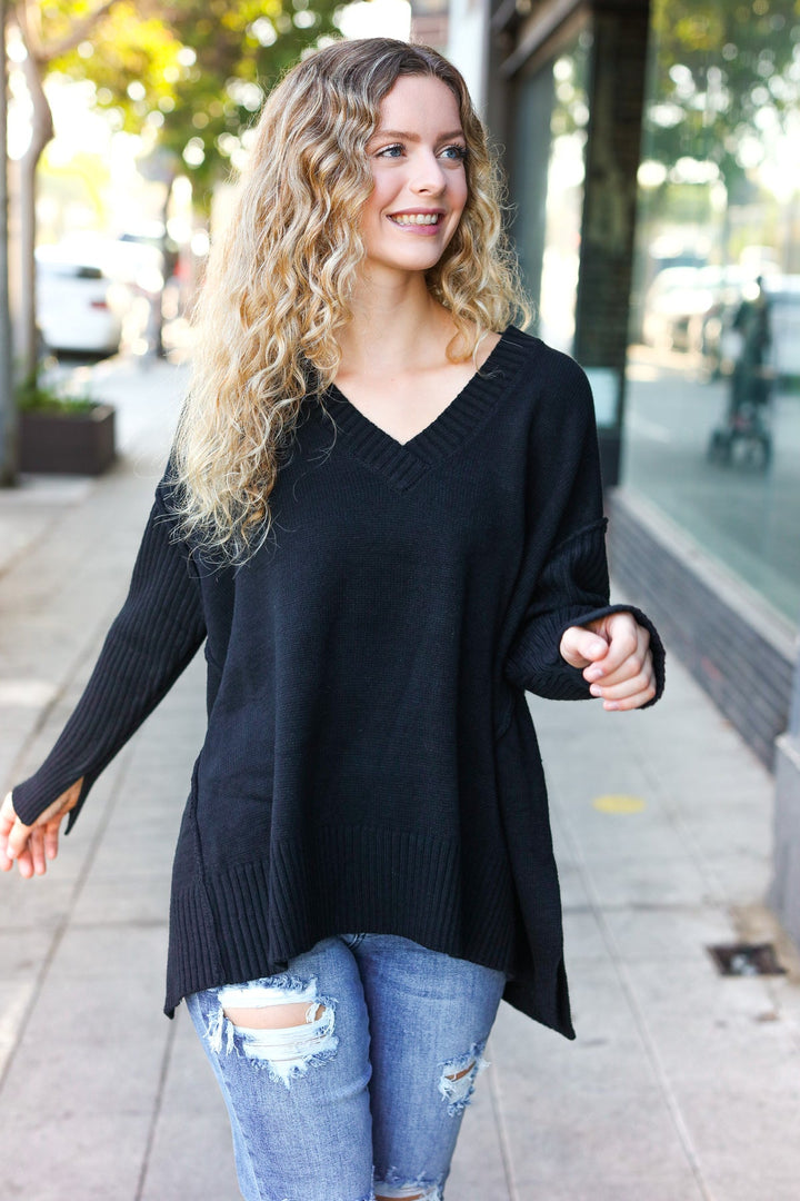 Casual Chic Black Oversized V Neck Rib Knit Sweater-Haptics-[option4]-[option5]-[option6]-[option7]-[option8]-Shop-Boutique-Clothing-for-Women-Online