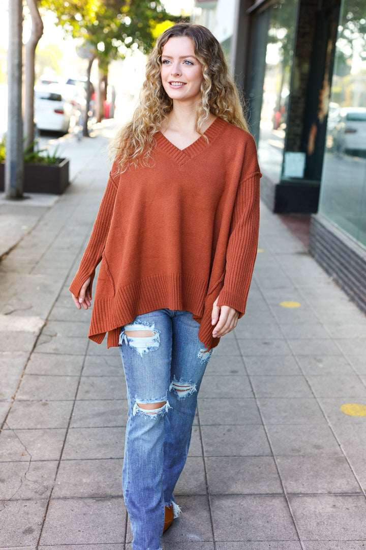 Casual Chic Rust Oversized V Neck Rib Knit Sweater-Haptics-[option4]-[option5]-[option6]-[option7]-[option8]-Shop-Boutique-Clothing-for-Women-Online