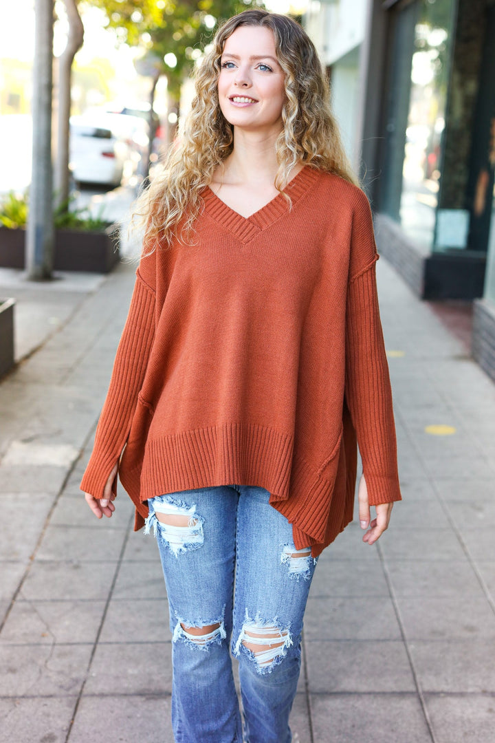 Casual Chic Rust Oversized V Neck Rib Knit Sweater-Haptics-[option4]-[option5]-[option6]-[option7]-[option8]-Shop-Boutique-Clothing-for-Women-Online